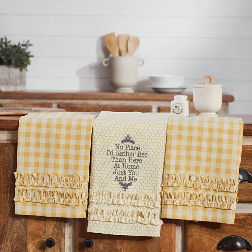 Honey Bee Cotton Ruffled Tea Towel Set of 3 Farmhouse Sunny Yellow Plaid